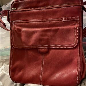 Red Leather Crossbody Bag with Front Pocket and Contrasting Stitching
